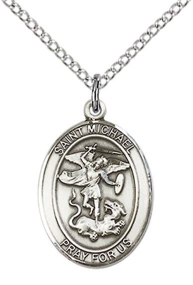 STERLING SILVER ST MICHAEL PENDANT ON A CHAIN - 3/4" x 1/2"